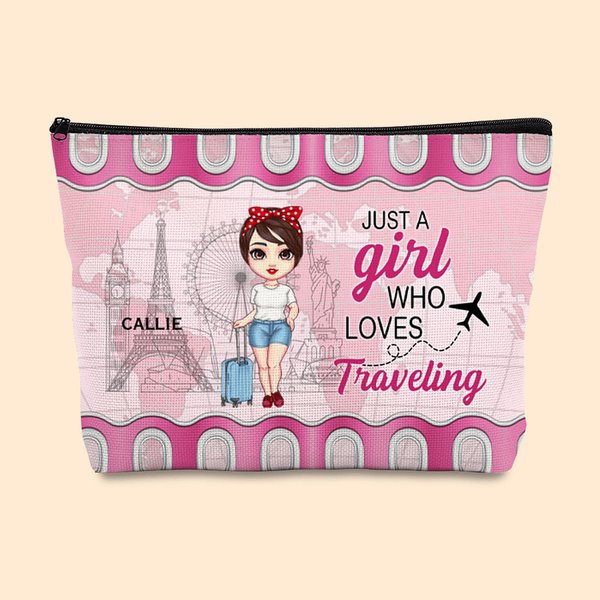 Personalized Just A Girl Who Loves Traveling Cartoon Canvas Makeup Storage Bag with Name Birthday Holiday Travel Gift for Women