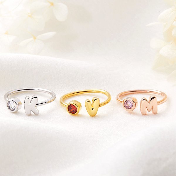 Personalizado lindo 3D Burbuja Letra Birthstone Anillo Ajustable Dainty Joyería Cumpleaños Aniversario Regalo para Mujeres Niñas