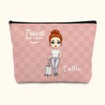 Personalized Travel Is My Therapy Global Map Plaid Cartoon Character Makeup Storage Bag with Name Birthday Holiday Travel Gift for Women