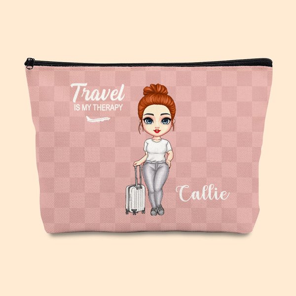 Personalized Travel Is My Therapy Global Map Plaid Cartoon Character Makeup Förvaringsväska med namn Födelsedag Semester Resegåva för kvinnor