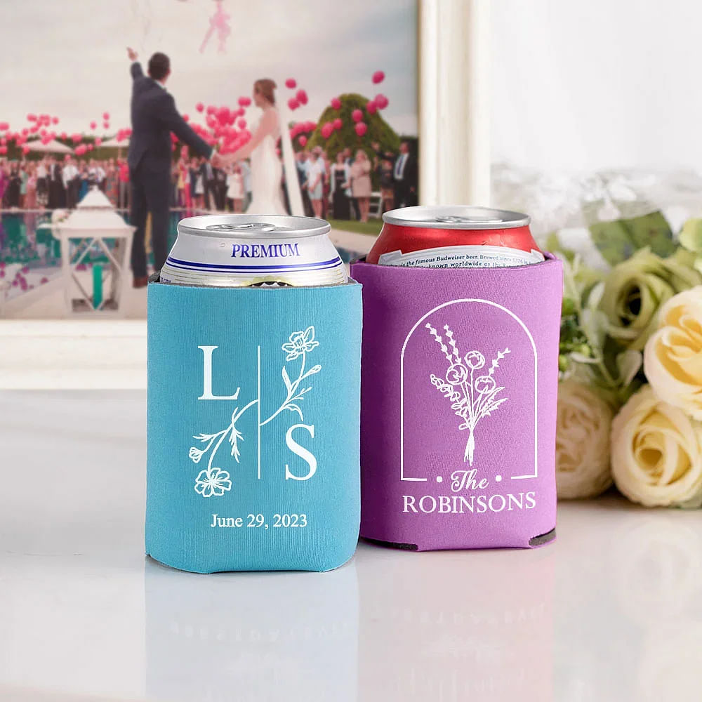 Personalisierter Weicher Elastischer Bier Dosenkühler mit Geburtsblumen Datum und Namen Geschenk für Hochzeit Party Geburtstag