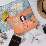 Personalized Travel Is My Therapy Global Map Plaid Cartoon Character Makeup Storage Bag with Name Birthday Holiday Travel Gift for Women