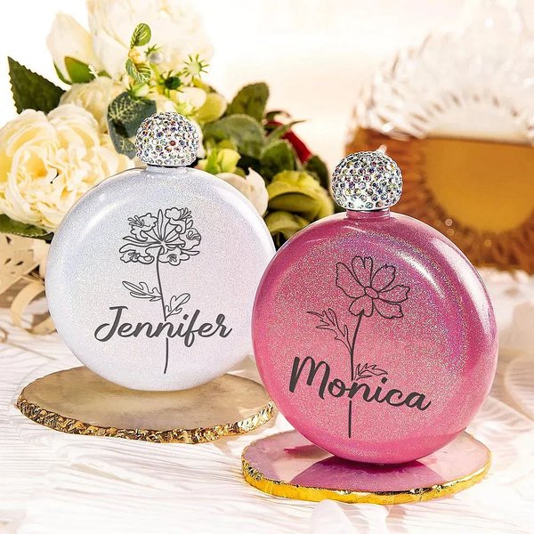 Personalisierte 148ml Laser-Gravierte Edelstahl Rundflasche mit Namen Geburtsblume Funkelnder Deckel