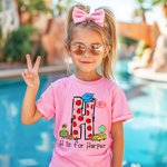 Personalisierte Doodle Apple Pencil Letter 100% Baumwolle Unisex T-Shirt mit Initiale und Name zurück zu Schule Aktivität Zubehör Geschenk für Jungen 