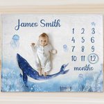 Personalized Ocean Elements Whale Milestone Baby Blanket with Name Photo Prop Birth Baby Shower Gift for Newborns