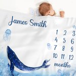Personalized Ocean Elements Whale Milestone Baby Blanket with Name Photo Prop Birth Baby Shower Gift for Newborns