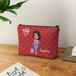 Personalized Travel Is My Therapy Global Map Plaid Cartoon Character Makeup Storage Bag with Name Birthday Holiday Travel Gift for Women