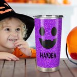 Vaso de 20 oz con nombre personalizado con purpurina de imitación Divertido patrón de calabaza Tema de Halloween Regalo de Halloween para la familia N
