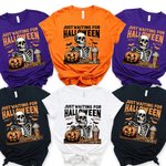 Personalized Skull Jack O'Lantern Bat Design Just Waiting For Halloween Crewneck T-shirt Sweatshirt with Name Halloween Costume Gift for Family