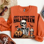 Personalized Skull Jack O'Lantern Bat Design Just Waiting For Halloween Crewneck T-shirt Sweatshirt with Name Halloween Costume Gift for Family