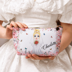 Personalized Cute Cartoon Character Flower Design Makeup Bag with Name Honeymoon Wedding Gift for Bride Bridesmaid