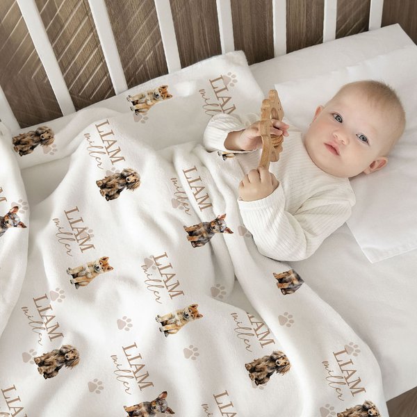 Personalized Cute Dog Portrait Paw Print Soft Blanket with Name Nursery Room Decor Baby Shower Birthday Gift for Boys Girls