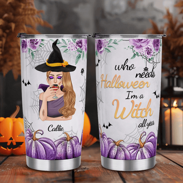 Gepersonaliseerde Purple Pumpkin Bat Witch 20oz Geïsoleerde Tumbler met naam en rietje Happy Halloween Gift voor vrouwen