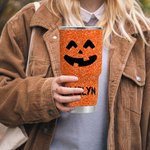 Spersonalizowany wielokolorowy kubek z imieniem i nazwiskiem z pokrywką i słomką o pojemności 30 uncji ze sztucznym brokatem i motywem dyni na Halloween dla przyjaciela rodziny