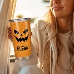 Vaso de 20 oz con nombre personalizado con purpurina de imitación Divertido patrón de calabaza Tema de Halloween Regalo de Halloween para la familia N