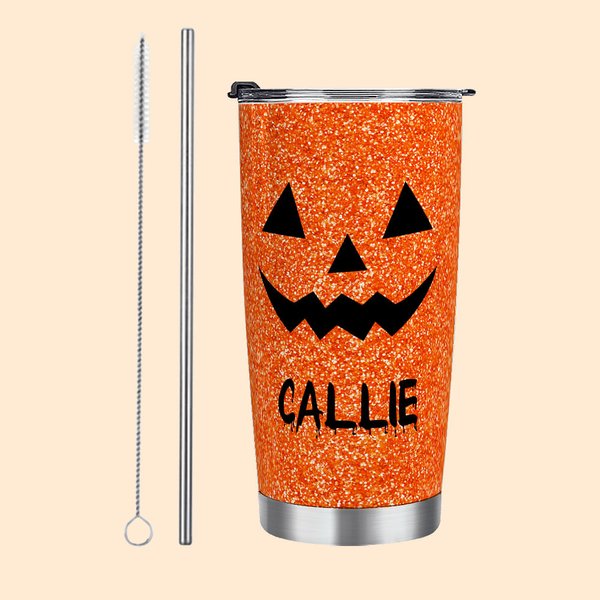 Vaso de 20 oz con nombre personalizado con purpurina de imitación Divertido patrón de calabaza Tema de Halloween Regalo de Halloween para la familia N