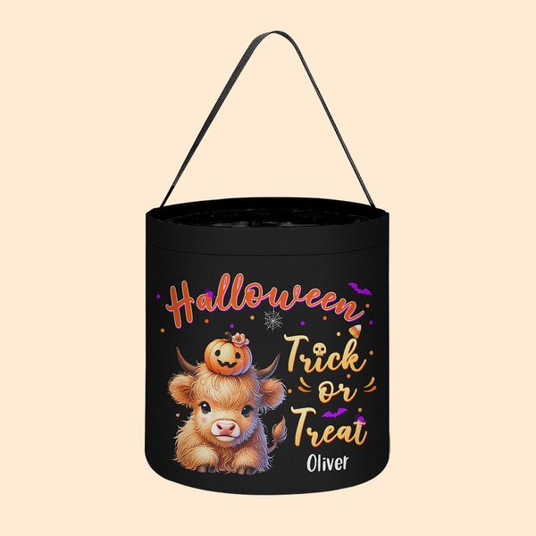 Personalisierte Kürbis Hochland Kuh Trick oder behandeln große Eimer Tasche mit Namen Halloween Party Geschenk für Kinder