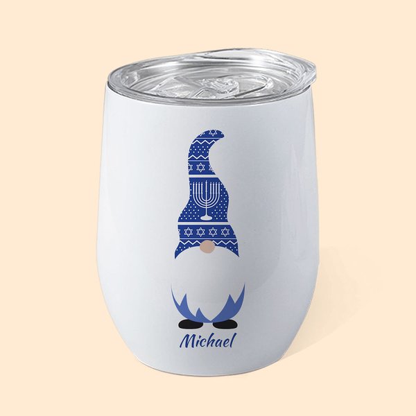 Bicchiere da vino isolato da 12 oz con nome e coperchio a prova di fuoriuscita Regalo di compleanno Hanukkah per la famiglia ebraica