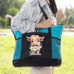 Personalized Large Capacity Highland Cow Mesh Pocket Tote Bag with Birth Flower and Name Birthday Gift for Highland Cow Lovers