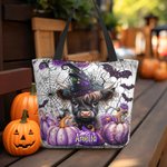 Personalized Cute Highland Cow Pumpkin Bat Large Capacity Canvas Tote Bag with Name Halloween Party Gift for Friends Kids