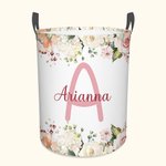 Personalized Floral Large Waterproof Oxford Cloth Toy Storage Laundry Basket  with handle with Name and Initial Housewarming Birthday Gift for Kids