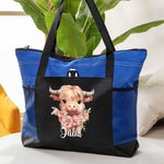 Personalized Large Capacity Highland Cow Mesh Pocket Tote Bag with Birth Flower and Name Birthday Gift for Highland Cow Lovers