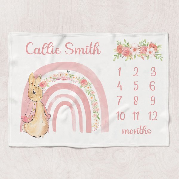 Personalizado de dibujos animados lindo arco iris floral Peter manta de conejo con el nombre de decoración del hogar Foto Prop regalo de cumpleaños pa