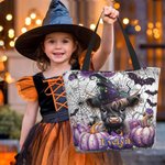 Personalized Cute Highland Cow Pumpkin Bat Large Capacity Canvas Tote Bag with Name Halloween Party Gift for Friends Kids