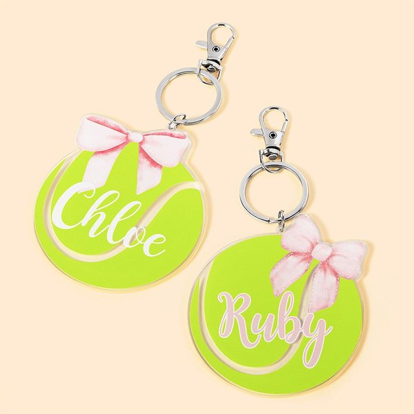 Llavero personalizado para bolsa de tenis con lazo rosa Coquette con nombre de equipo deportivo Regalo de cumpleaños para los amantes del tenis