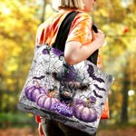 Personalized Cute Highland Cow Pumpkin Bat Large Capacity Canvas Tote Bag with Name Halloween Party Gift for Friends Kids