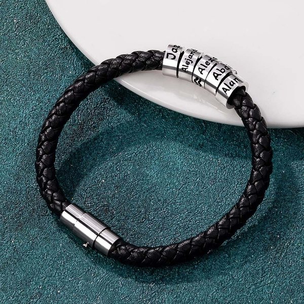 Personalized 1-9 Beads Unisex Braided Leather Bracelet with Engraved Names Father's Day Birthday Valentine's Day Gift for Family