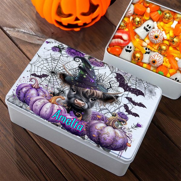 Personlig söt Highland Cow Pumpkin Bat Biscuit Tin Box med namn Halloween Party Present till vänner barn