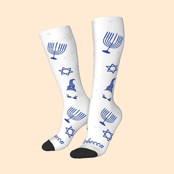 Personalizzato Carino Hanukkah Gnomo Adulti Calzini Ginocchio Alto con Nome Comfort Traspirante Happy Hanukkah Regalo per la Famiglia Ebraica