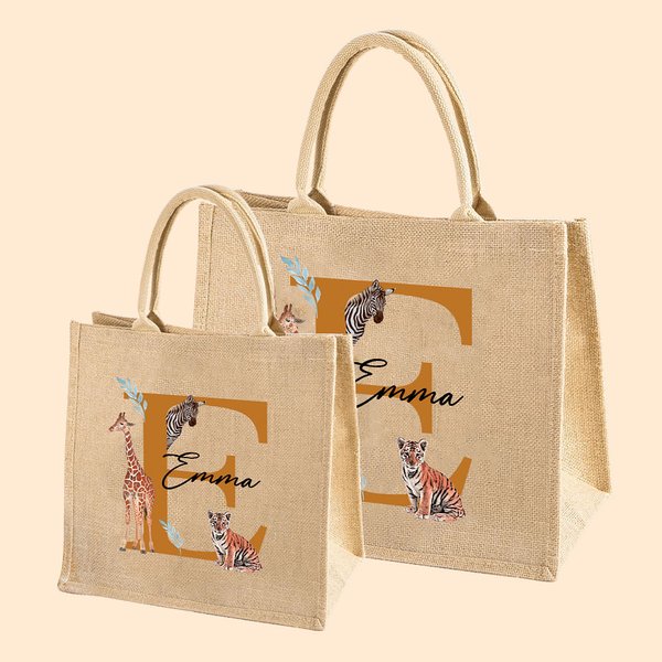 Personalized Jungle Animal Jute Tote Bag with Name and Initial Large Capacity Birthday Baby Shower Gift for Kids