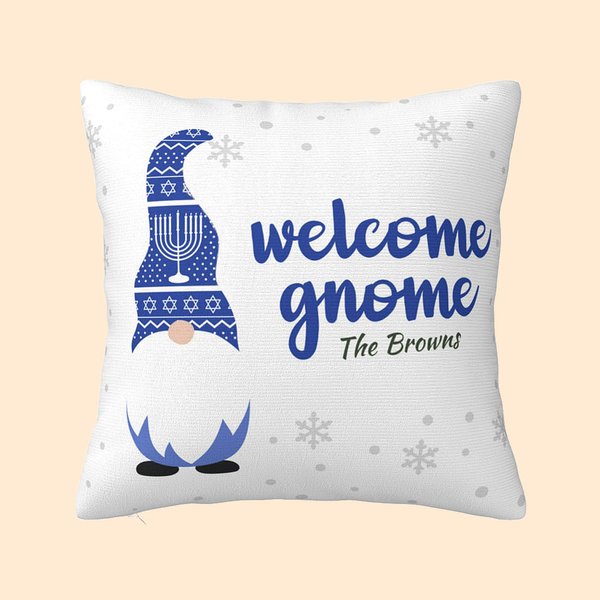 Personalizzato carino Gnome blu Throw Pillow Cover con nome Home Decor Hanukkah regalo per la famiglia ebraica