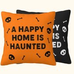 Personalizado A Happy Home Is Haunted Calavera Tema Hueso Funda de Almohada con Texto Decoración del Hogar Halloween Regalo para la Familia
