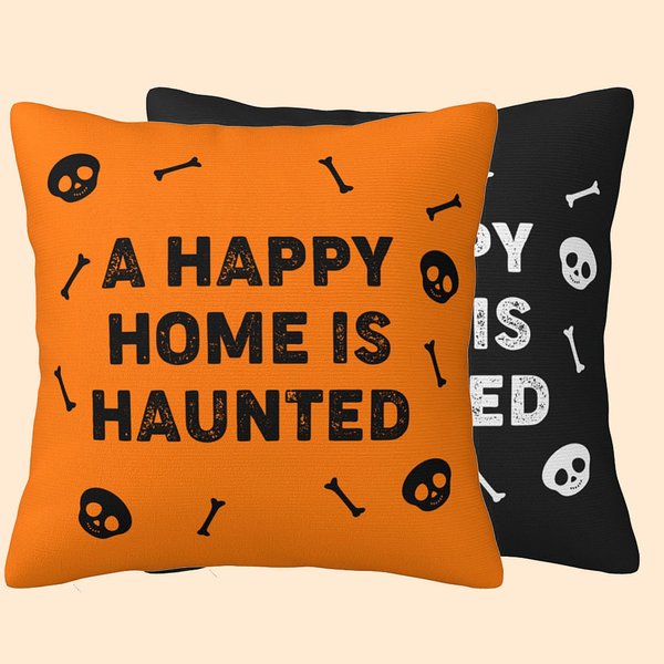 Personalizado A Happy Home Is Haunted Calavera Tema Hueso Funda de Almohada con Texto Decoración del Hogar Halloween Regalo para la Familia