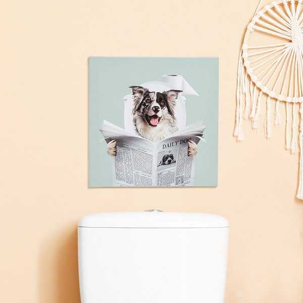 Gepersonaliseerd Grappig Hond Kat Leest Krant op Toilet Muurkunst Schilderij Huisdier Portret Badkamer Decor Housewarming Gift voor Huisdierbezitters