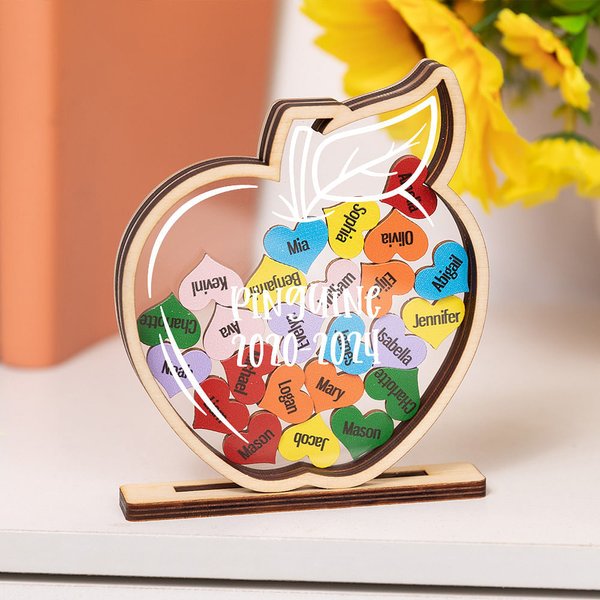 Ornement de bureau personnalisé en bois en forme de pomme avec 1-24 cœurs et texte Décoration de bureau Cadeau d'anniversaire pour professeur
