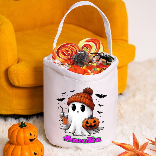 Spersonalizowana torba na cukierki Halloween Cute Ghost Trick or Treat z imieniem i nazwiskiem Halloween Party Gift for Kids
