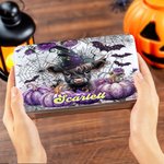 Personlig söt Highland Cow Pumpkin Bat Biscuit Tin Box med namn Halloween Party Present till vänner barn