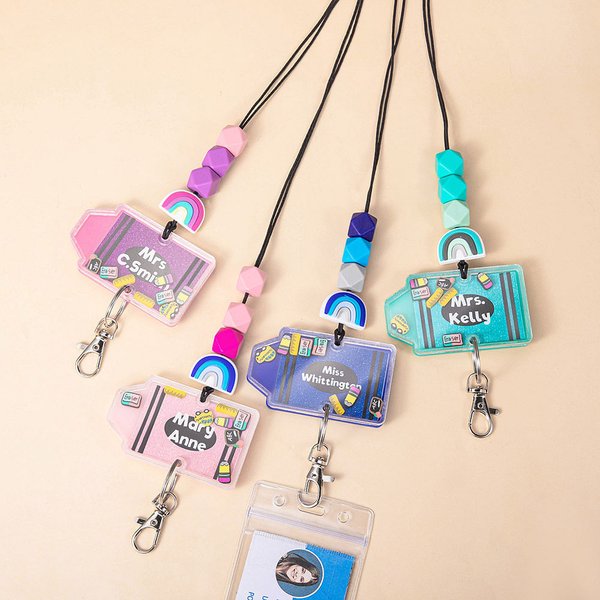 Personalized Glitter Rainbow Crayon Beads Shaker Lanyard with Name Appreciation Back to School Gift for Teacher