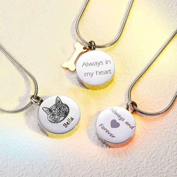 Henkilökohtainen kaiverrettu Pet Photo & Paw Ashes kaulakoru Free Funnel Kit ja Bag Memorial Keepsake lahja Dog Cat Pet Loversille