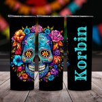 Personalized Floral Mexican Sugar Skull 20oz Skinny Tumbler with Lid and Straw Day of the Dead Halloween Gift for Family Skull Lovers