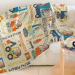 Personalized Cartoon Construction Work Vehicles Trucks Soft Throw Blanket with Face Photo and Name Baby Shower Birthday Gift for Boys Girls