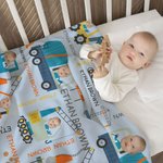 Personalized Cartoon Construction Work Vehicles Trucks Soft Throw Blanket with Face Photo and Name Baby Shower Birthday Gift for Boys Girls