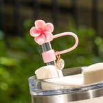 Personalized Plumeria Flower Reusable Set of 2 Straw Toppers with Initial Charms Accessory for Stanley Tumbler Birthday Gift for Her