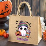 Personalized Halloween Theme Cute Pumpkin Drinking Ghost Trick or Treat Jute Tote Bag with Name Halloween Festival Gift for Boys Girls