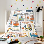 Personalized Cartoon Construction Work Vehicles Trucks Soft Throw Blanket with Face Photo and Name Baby Shower Birthday Gift for Boys Girls