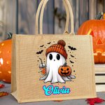 Personalized Halloween Theme Cute Pumpkin Drinking Ghost Trick or Treat Jute Tote Bag with Name Halloween Festival Gift for Boys Girls